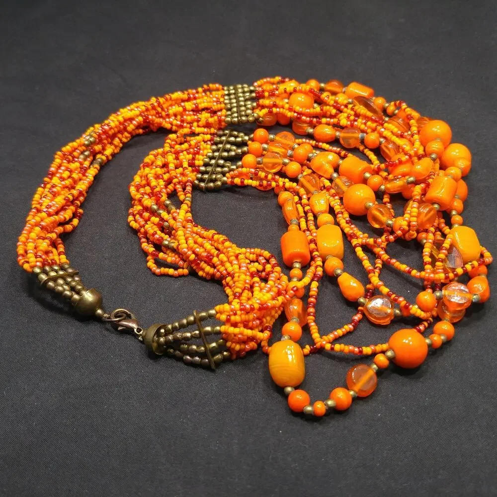 Vintage Czech Glass Bead Necklace, Orange Multistrand Boho Jewelry, 23 Inch